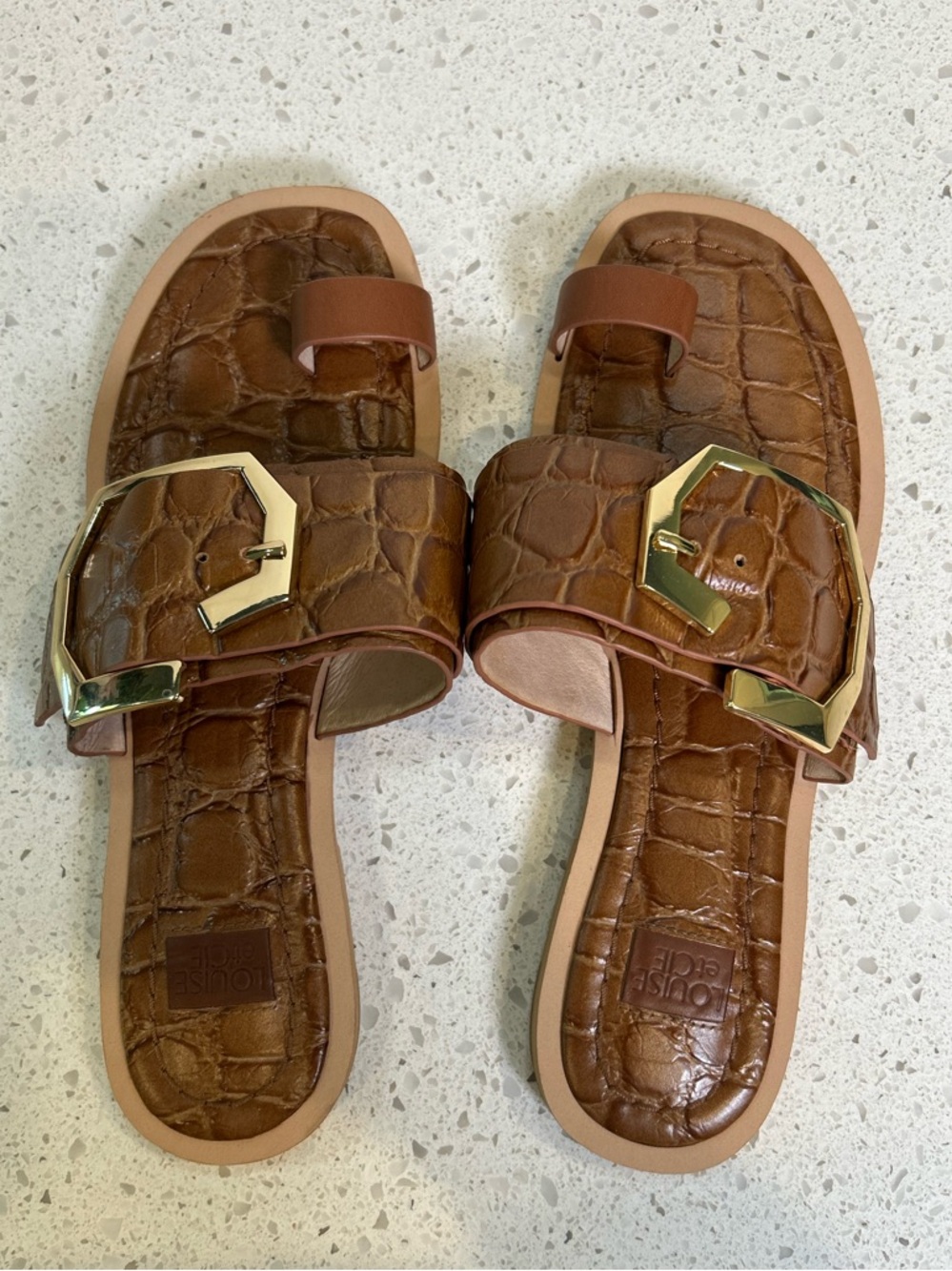 Louise et Cie Toe-Ring Slides Brown Croc Sandals Gold Buckle 7M